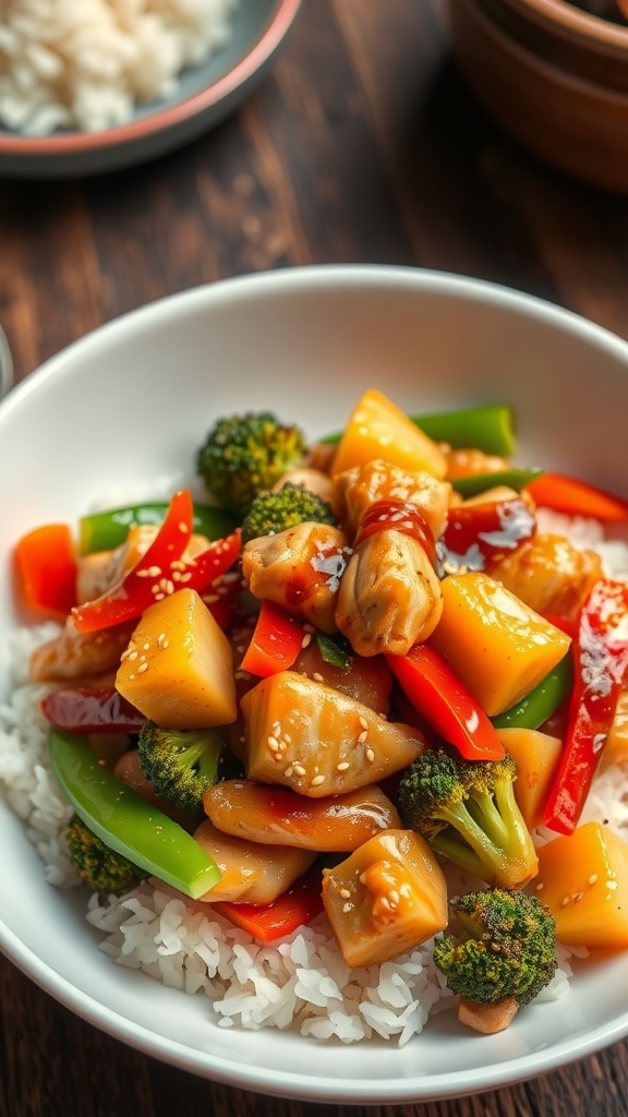 Quick and Easy Chicken Stir-Fry Recipe A colorful chicken stir-fry with vegetables served over rice with sesame seeds.